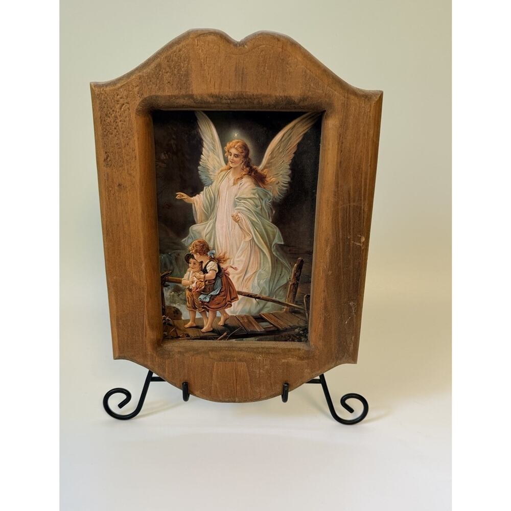 Vintage Frame Print Wall Art Wooden Victorian Angel Watching Over Kids 90s Decor